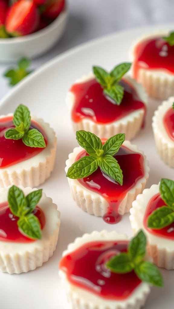 Mini cheesecake bites topped with berry sauce and mint leaves