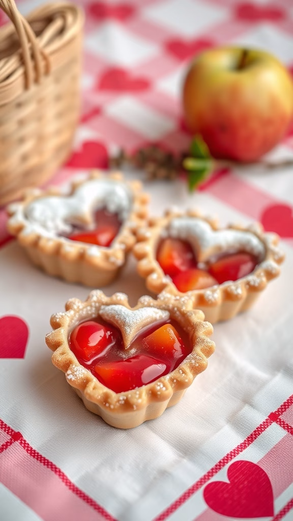 Mini heart-shaped pies with fruit filling on a table
