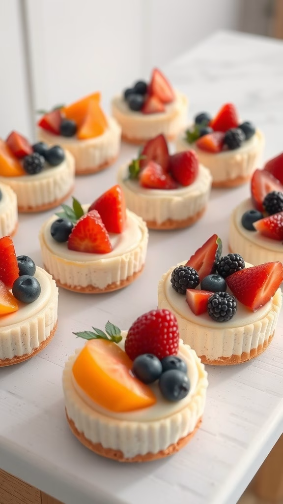Miniature cheesecakes topped with fresh fruit on a white table