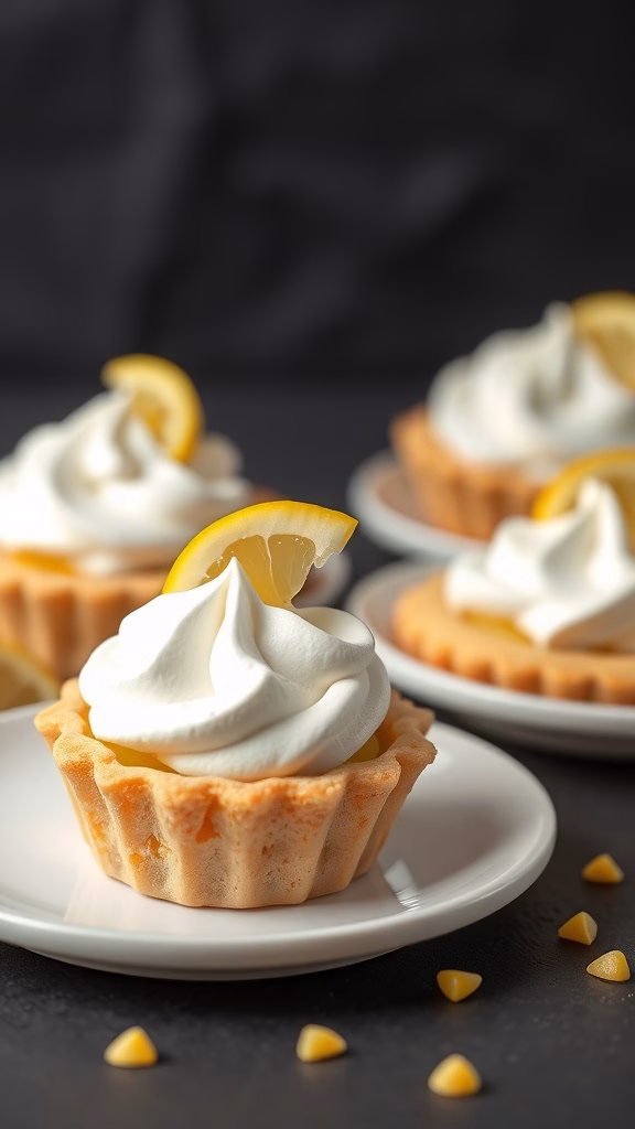 Miniature lemon meringue pies on a plate garnished with lemon slices.