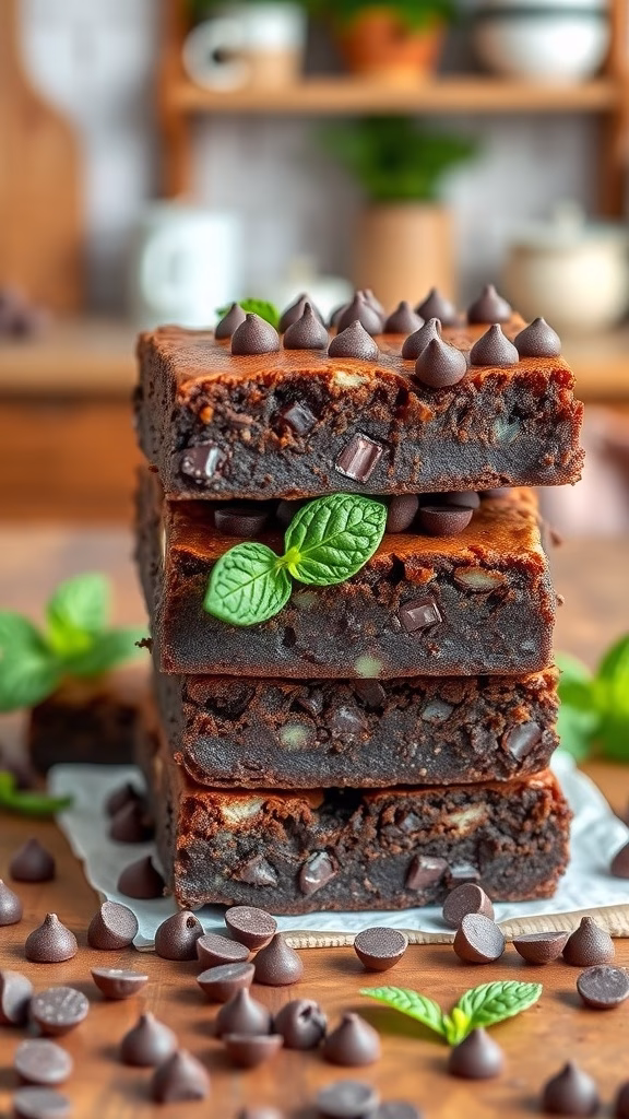 Mint chocolate chip brownies stacked with chocolate chips and mint leaves