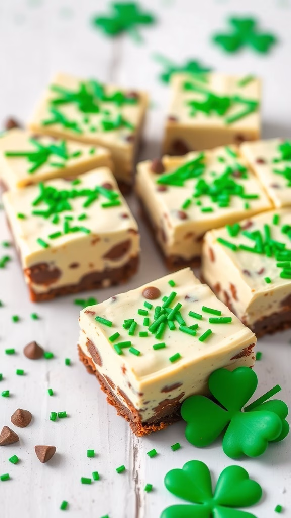 Mint Chocolate Chip Cheesecake Bars decorated with green sprinkles