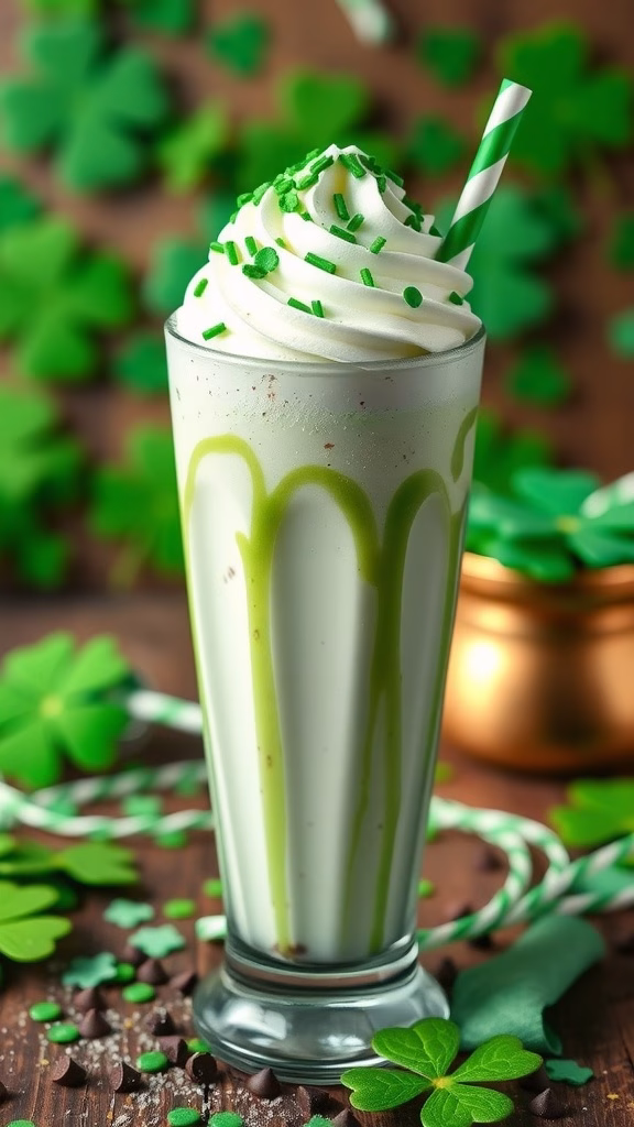 A refreshing mint chocolate chip shamrock shake topped with whipped cream and green sprinkles in a glass.