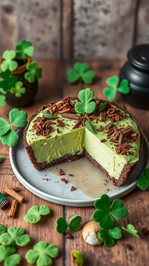 A slice of mint chocolate grasshopper pie on a plate, decorated with chocolate shavings and mint leaves.