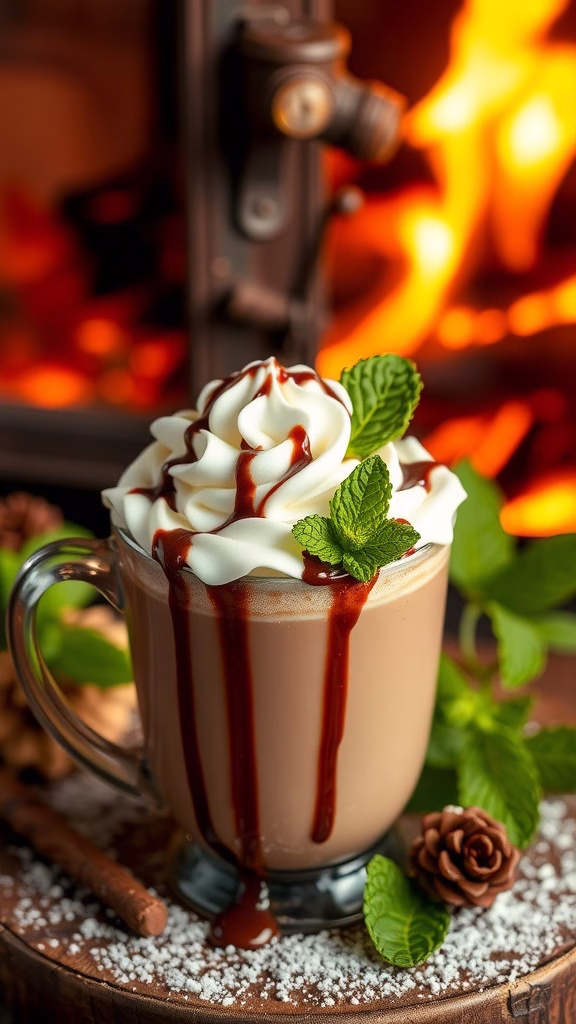 A cozy mug of mint infused hot chocolate topped with whipped cream and mint leaves.