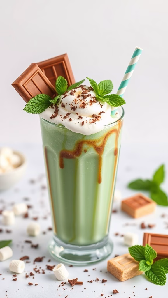 A refreshing minty s'mores milkshake topped with whipped cream, chocolate, and mint leaves.