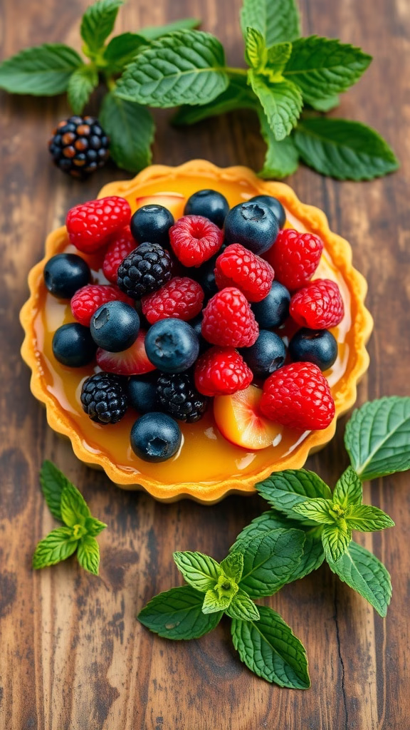 A colorful mixed berry tart topped with raspberries, blueberries, and blackberries, garnished with mint leaves.