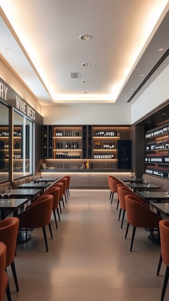 Interior of a modern minimalist wine bar with sleek furniture and warm lighting.