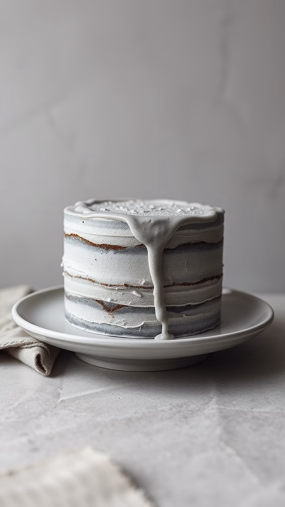 A stylish monochromatic textured cake with gray tones and a drip of frosting, set on a simple plate.