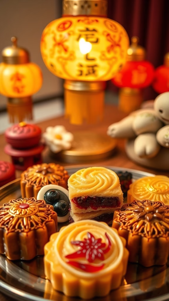 A display of beautifully crafted mooncakes, showcasing different flavors and intricate designs, perfect for the Lantern Festival.