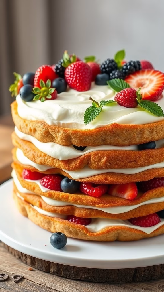 A naked cake layered with fresh cream and topped with strawberries, blueberries, and blackberries on a white plate.