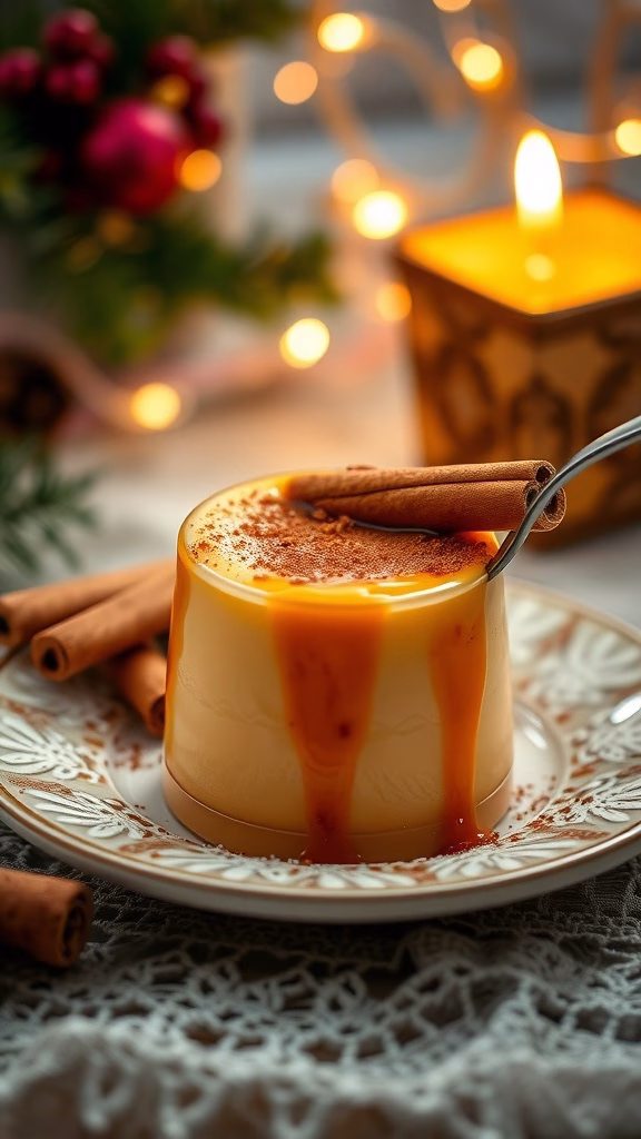 A serving of creamy Natilla, a traditional Colombian dessert, drizzled with caramel and garnished with cinnamon sticks.