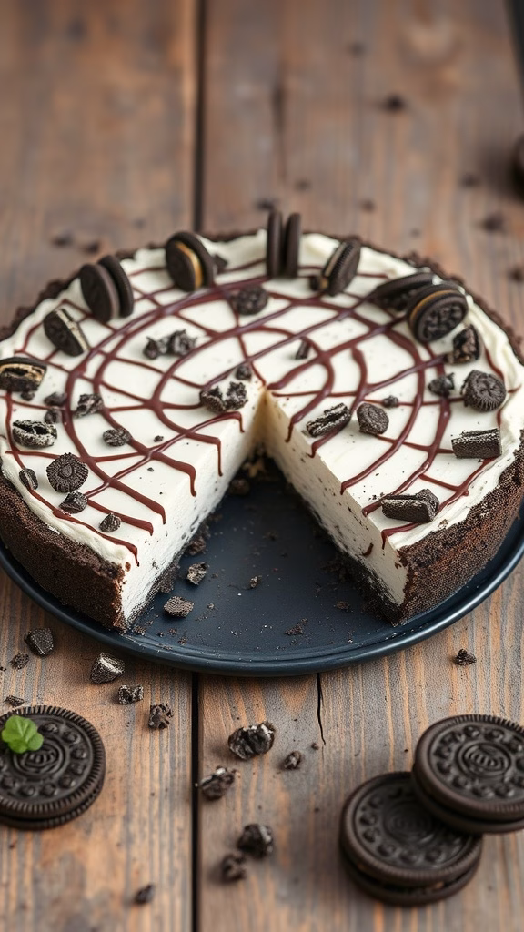 No-Bake Oreo Cream Cheese Pie, with a chocolate drizzle and Oreo decoration
