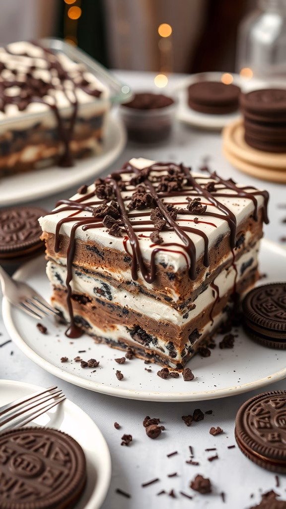 A delicious No-Bake Oreo Lasagna dessert layered with cream cheese and chocolate pudding.