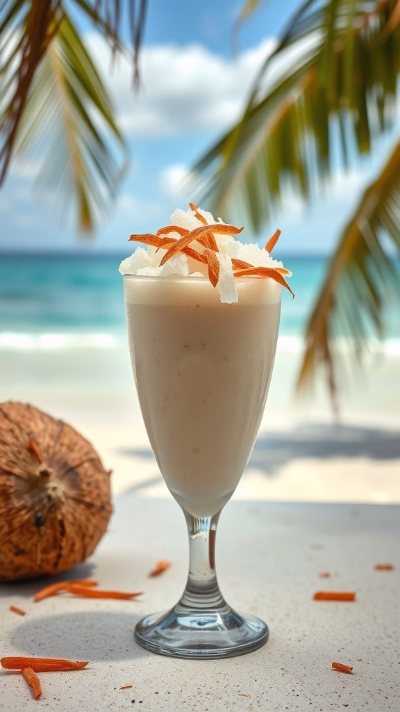 A refreshing nungu coconut smoothie served in a glass with shredded coconut topping.