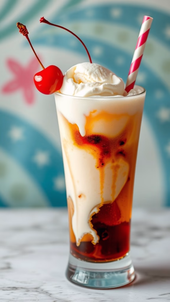 A refreshing nungu ice cream float with whipped cream and a cherry on top.