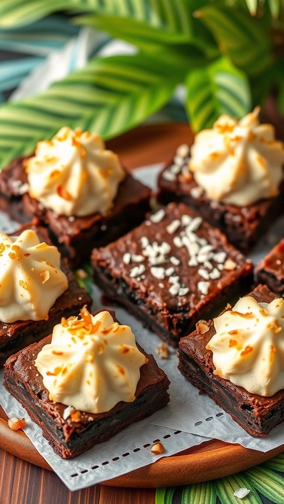 Nutty Coconut Macaroon Brownies with whipped cream and nuts on top