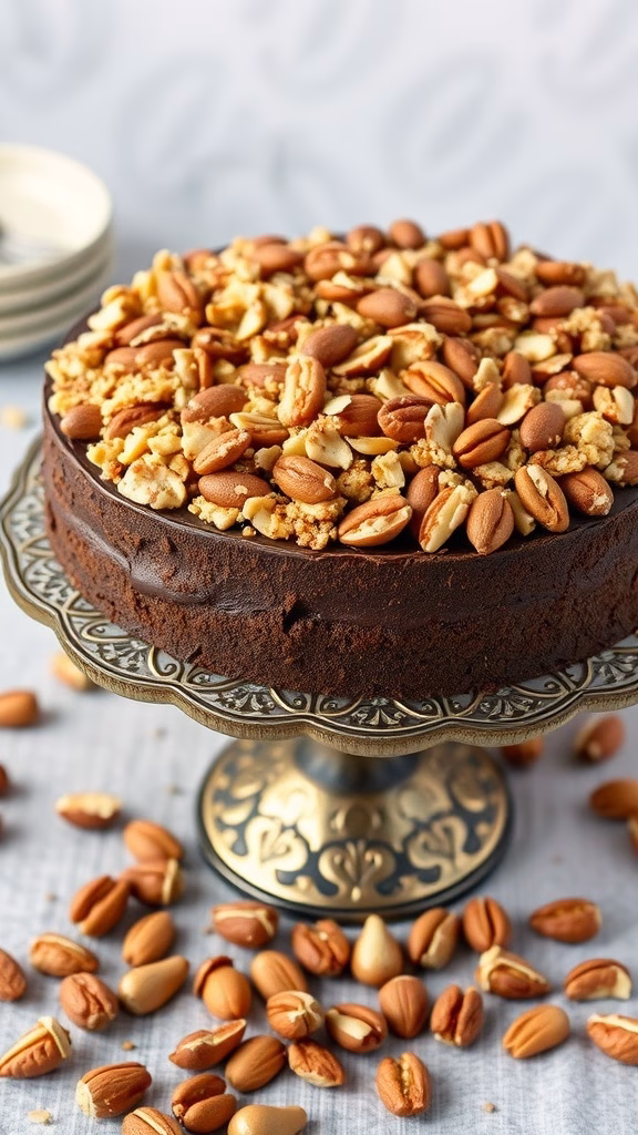 A beautifully frosted German chocolate cake topped with a nutty crumble made of pecans and almonds.