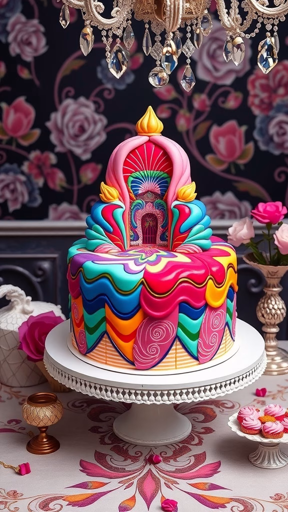 A vibrant optical illusion cake with colorful swirls and an intricate design, set on an elegant cake stand.