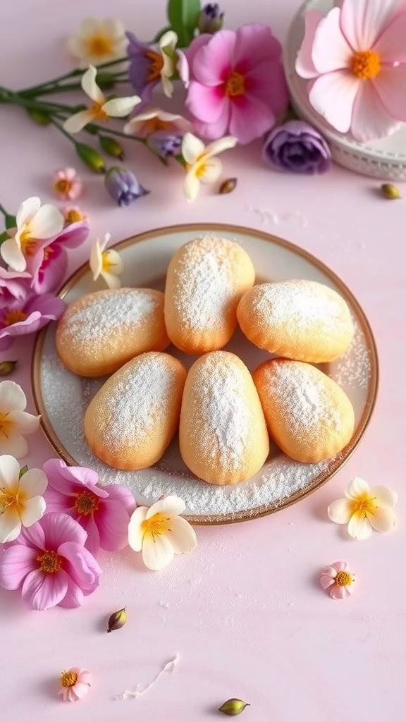 Plate of freshly baked orange blossom and almond madeleines dusted with powdered sugar