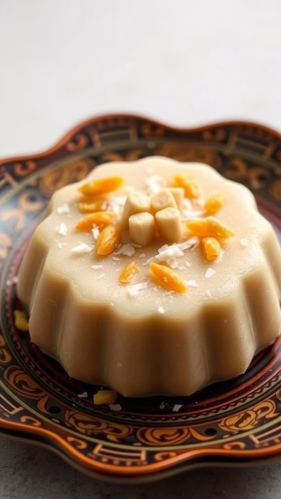 A plate of Orh Nee, a traditional dessert made of yam paste topped with ginkgo nuts.