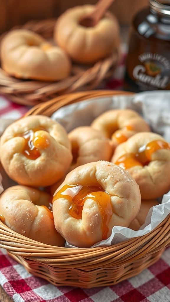 A basket of fluffy sweet pampushky buns with jam filling.