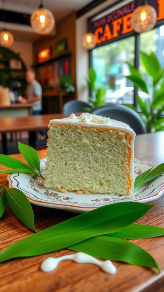 Slice of pandan chiffon cake on a decorative plate with pandan leaves.