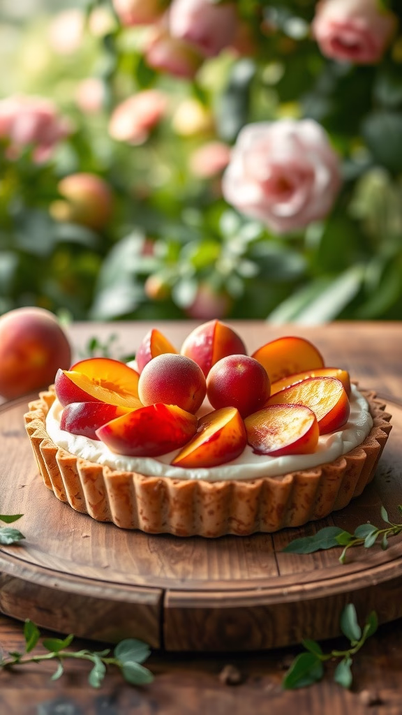 A beautiful peach and cream fruit tart topped with fresh peach slices.