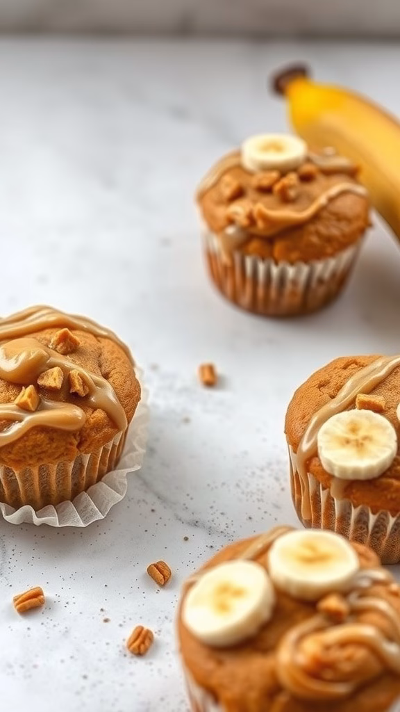 Delicious peanut butter banana muffins with a drizzle of peanut butter and banana slices on top.