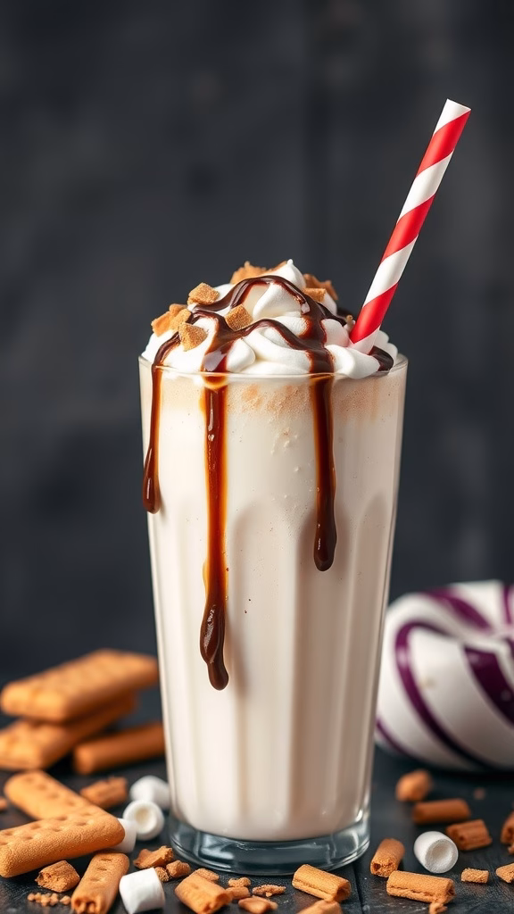 A delicious Peanut Butter S'mores Shake topped with whipped cream and chocolate syrup, served with graham crackers and marshmallows.