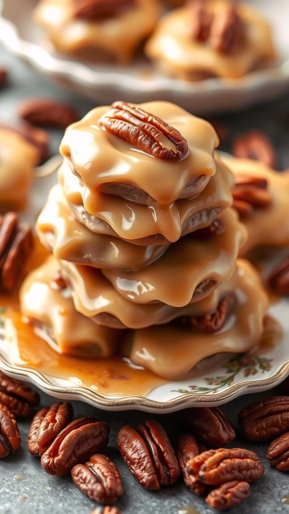 Delicious pecan pralines stacked on a decorative plate surrounded by pecans.