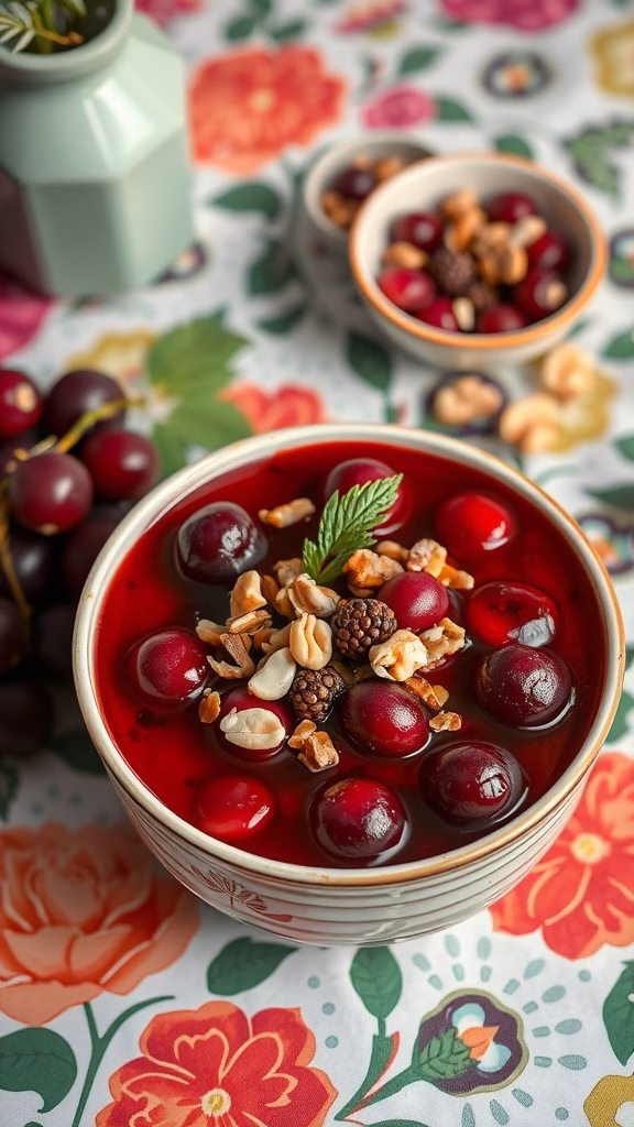 Pelamushi, a traditional Georgian grape pudding, garnished with nuts.