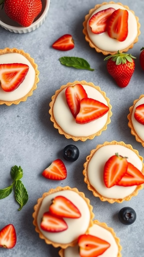 Petite fruit tarts topped with sliced strawberries and blueberries.