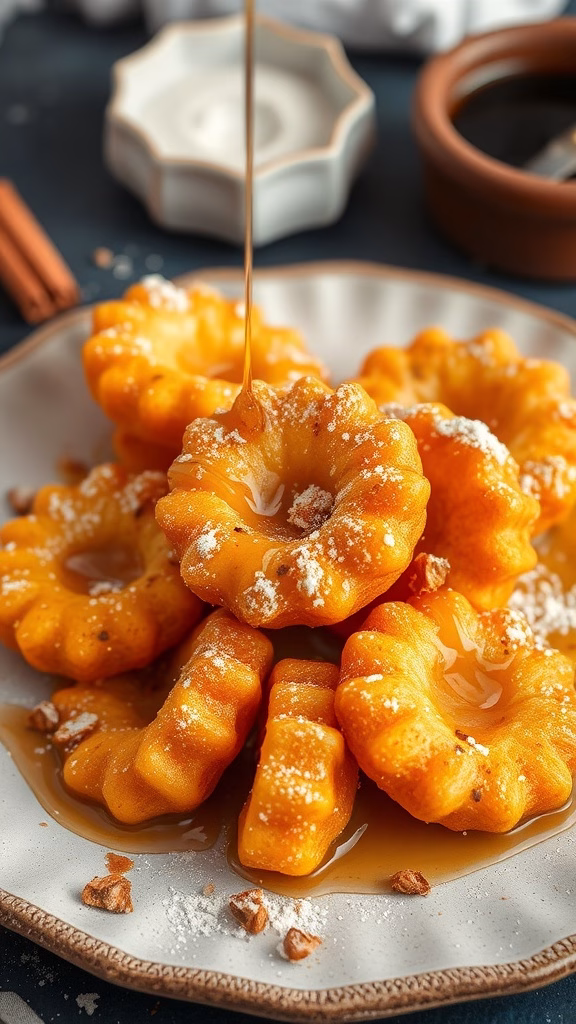 Plate of golden Picarones drizzled with syrup