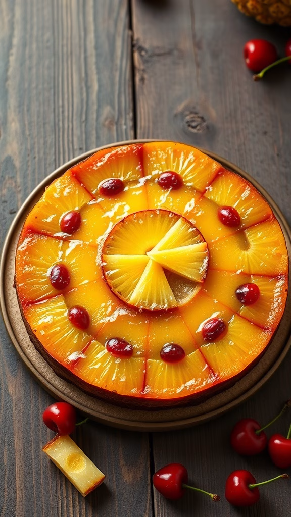 A beautiful Pineapple Upside-Down Cake decorated with pineapple slices and cherries.