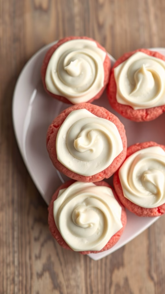 Pink velvet cookies decorated with cream cheese frosting