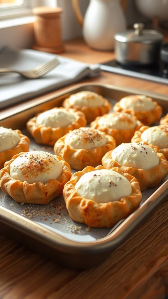 Freshly baked pirozhki on a tray, filled with creamy toppings.