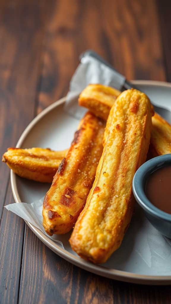 Fried banana treats served on a plate with a dipping sauce.