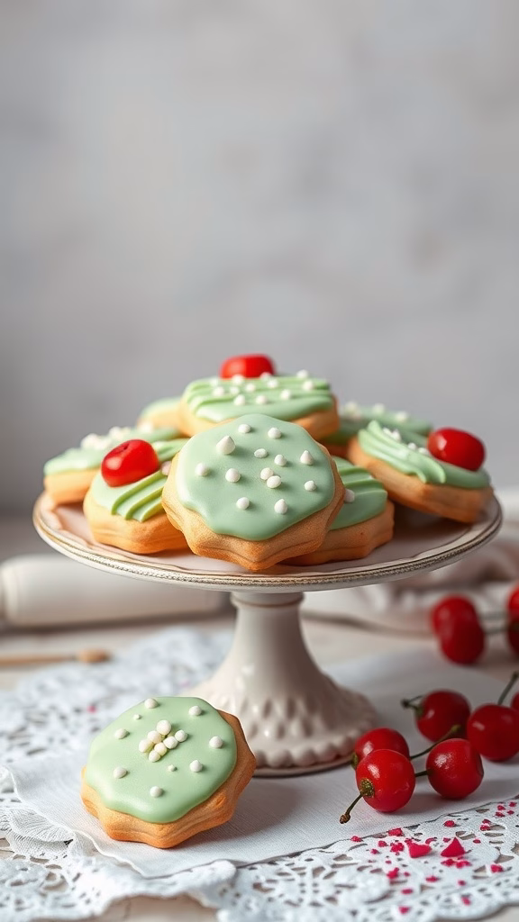 Delicious pistachio and cherry cookies decorated with icing