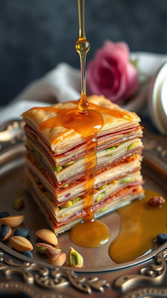 Pistachio and rosewater baklava with honey drizzle