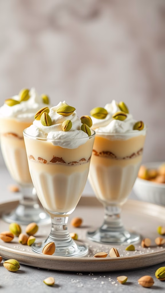 Pistachio pudding parfaits topped with whipped cream and pistachio nuts