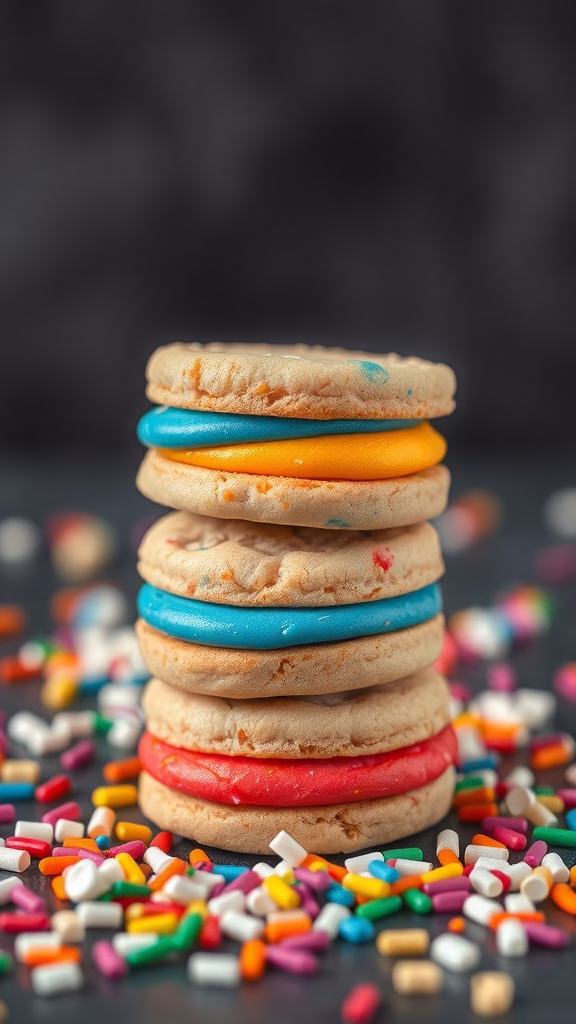 Colorful cookie sandwiches with frosting and sprinkles