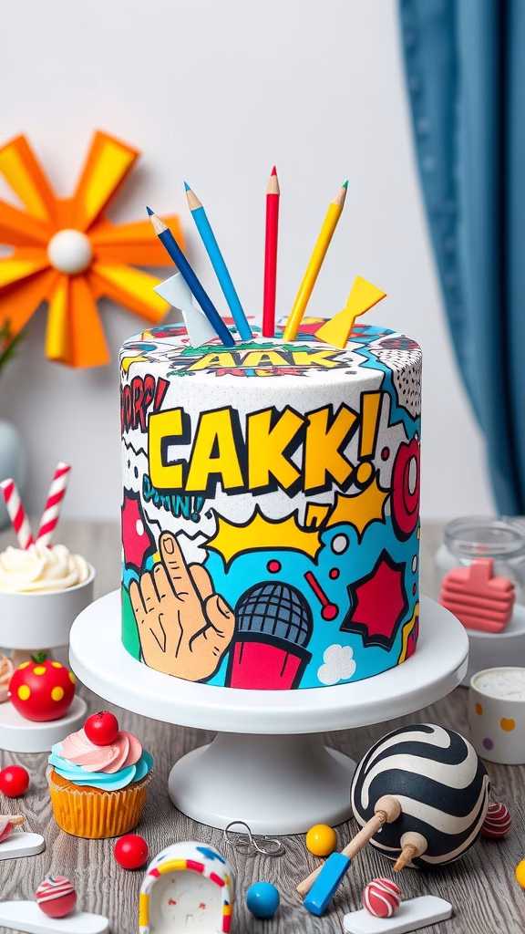 A colorful Pop Art Comic Cake with pencil decorations and comic-style graphics.