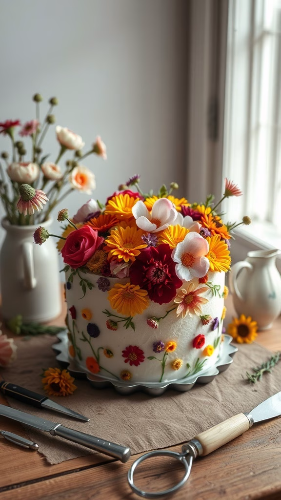 A beautifully decorated cake with pressed flowers, showcasing bright colors and delicate arrangements on a wooden table.