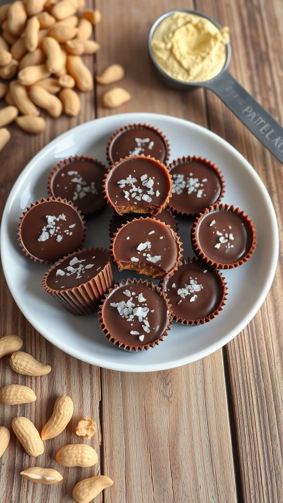 A plate of homemade protein-packed peanut butter cups topped with sea salt.
