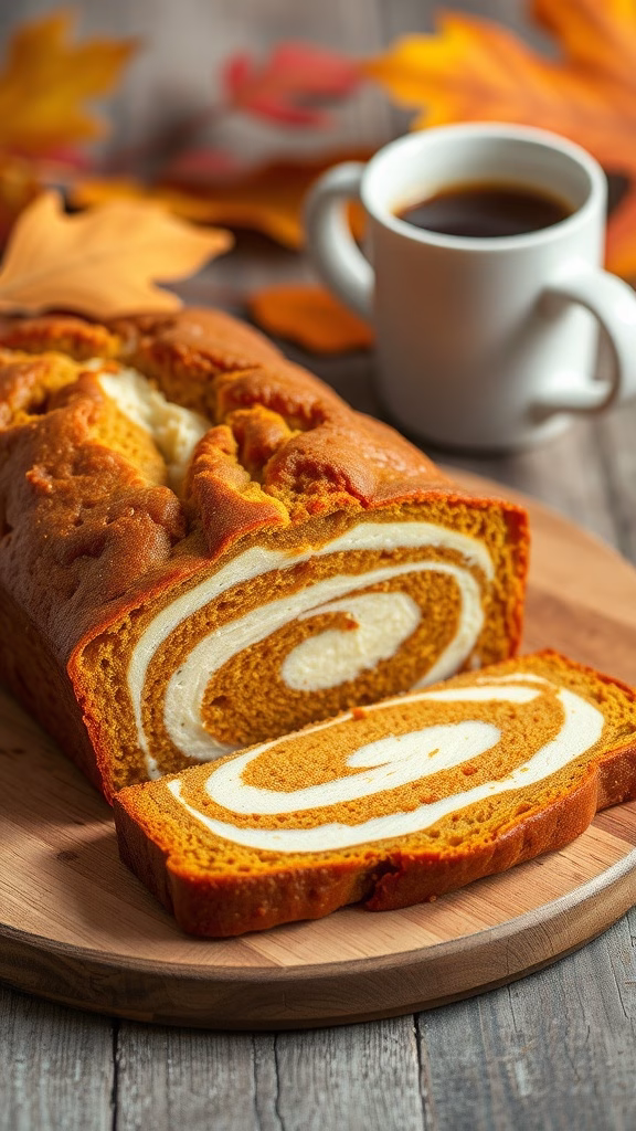A sliced loaf of pumpkin cream cheese swirl bread on a wooden board.