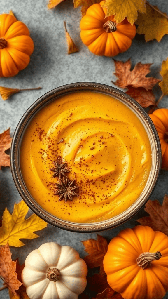 A bowl of creamy pumpkin pudding topped with spices surrounded by autumn leaves and pumpkins.