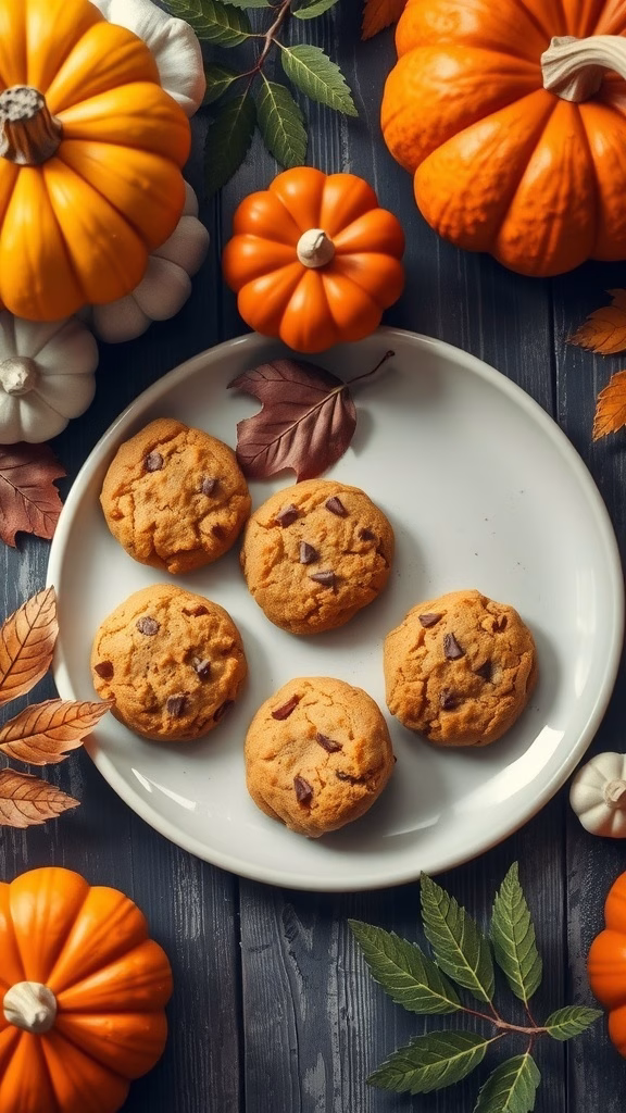 Plate of pumpkin spice cookies surrounded by decorative pumpkins and leaves.
