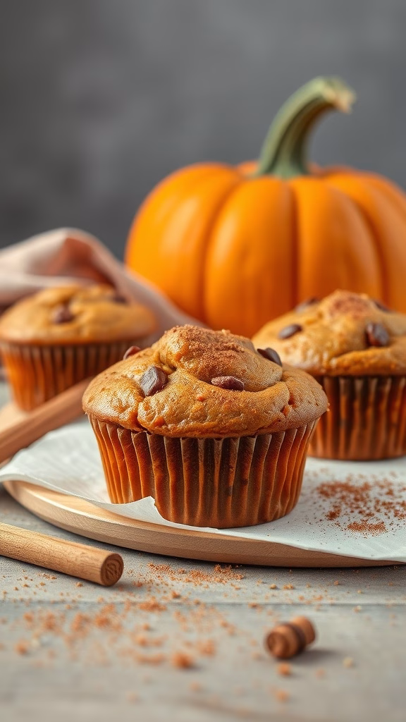 Delicious pumpkin spice muffins on a wooden plate with a pumpkin in the background.