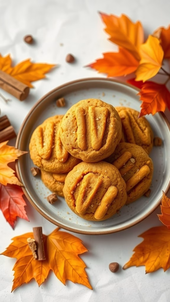 Delicious pumpkin spice toffee cookies on a plate surrounded by autumn leaves.